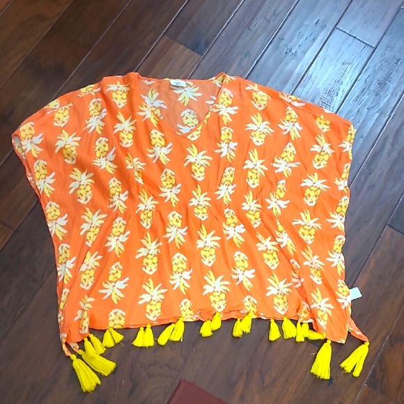 Crown & Ivy Beach Orange Pineapple Swim Coverup Featuring yellow tassels size XL - Picture 1 of 6